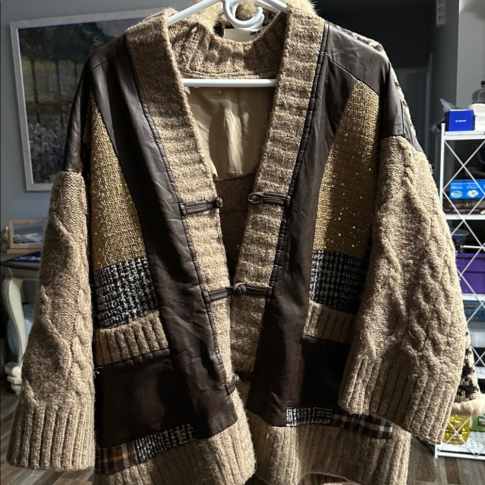 Women's Brown Cable Knit Sweater with Leather Accents